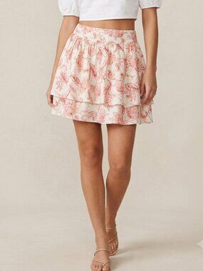 Express Women's Size 12 Cream Paisley Floral Tiered Linen Blend Mini Skirt